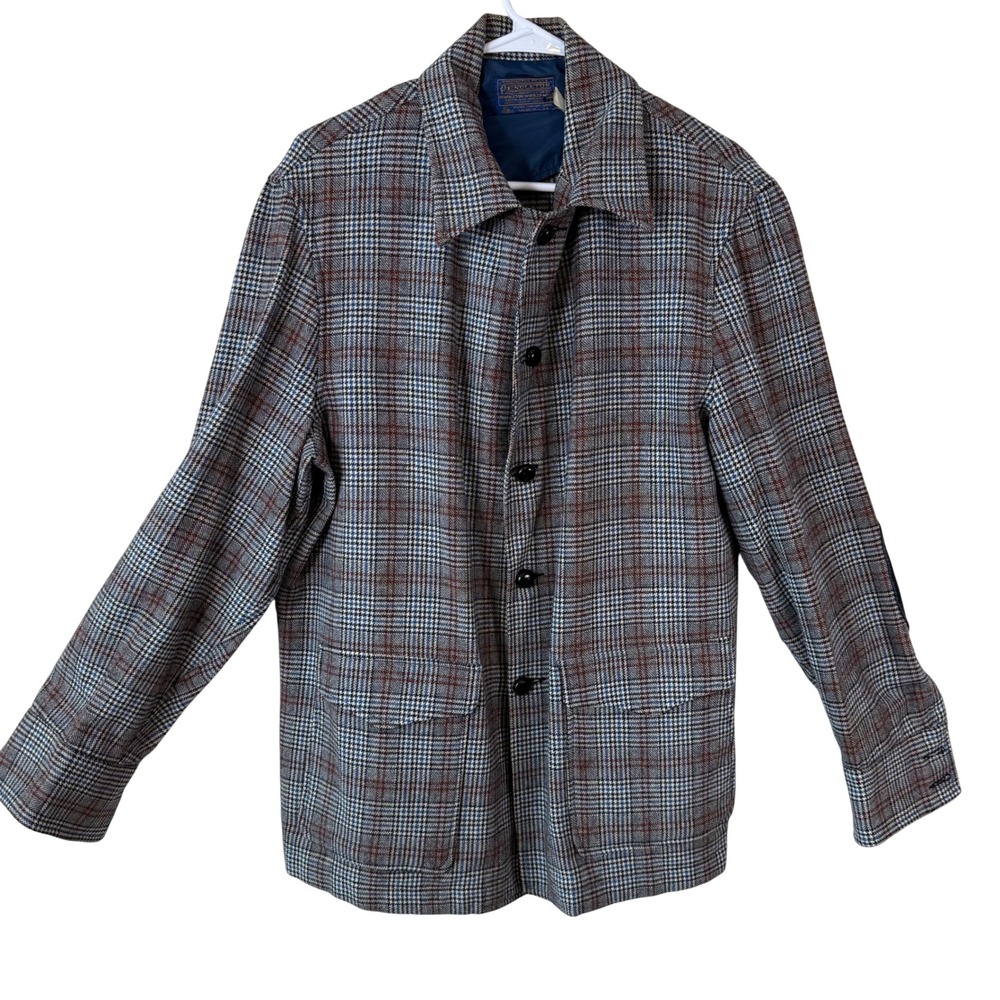 VTG Pendleton Women L Pure Virgin Wool Plaid Jacket Elbow Patches Blue Brown